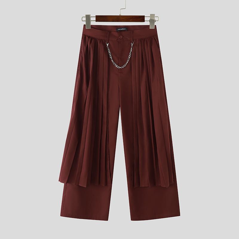 INCERUN Мужские брюки с молнией спереди, многослойные, однотонные, повседневные, длинные, плиссированные