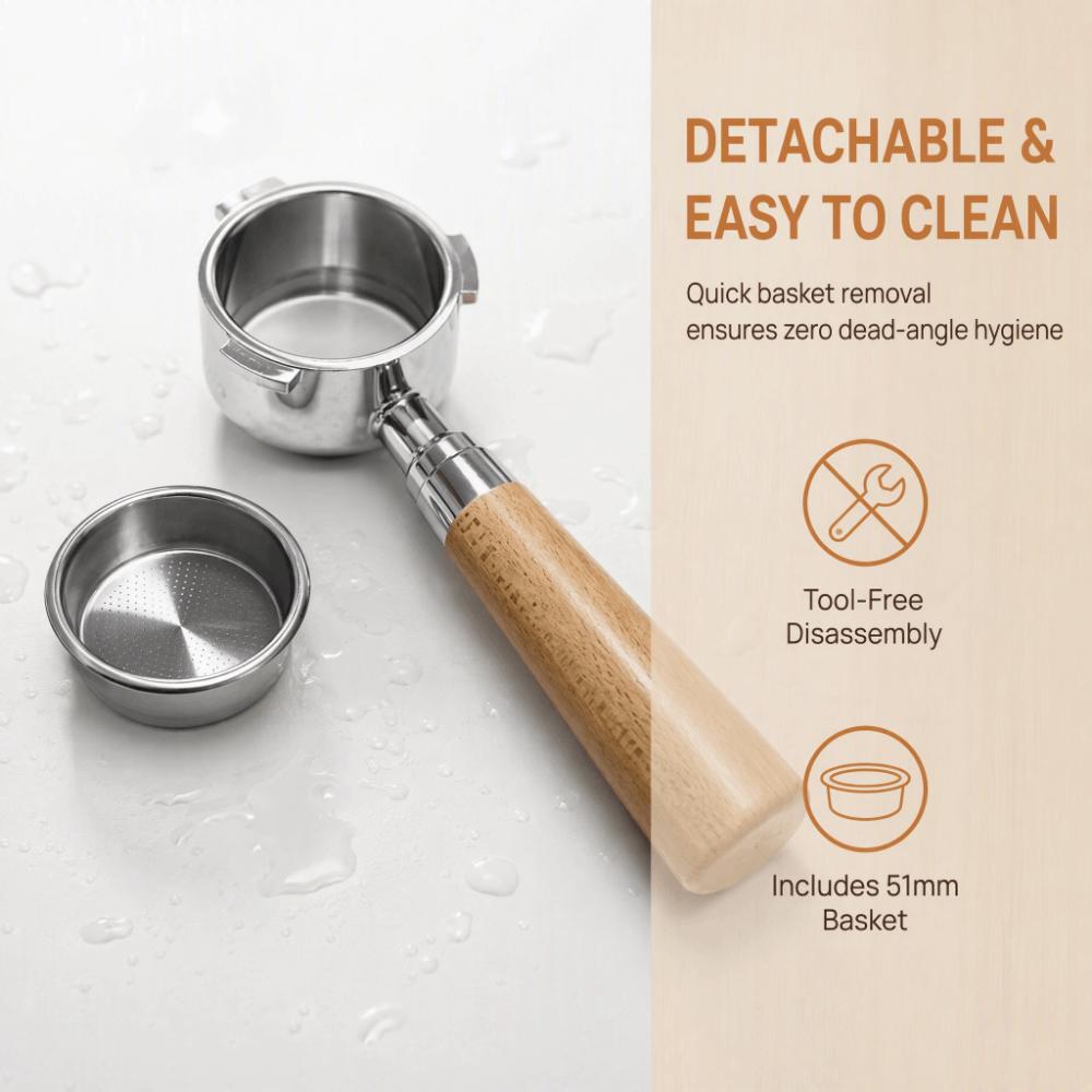 304 Stainless Steel and Wood Bottomless Espresso Portafilter for DeLonghi Espresso Brewing