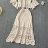 Dimanaf New 2025  Skirt Suit Women Knitting Beach Short Sleeve Lace Hollow Out Sexy O-Neck Hollow Summer Style Tops Tees Loose Basic