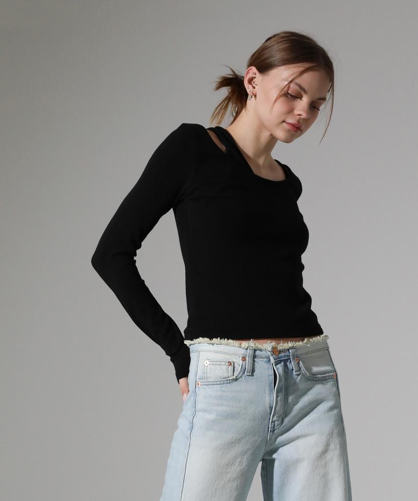 REEMNIK Slim Cut-Out Long Sleeve T-Shirt [Black]