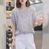 Светло-серый вязаный топ с круглым вырезом, короткими рукавами и ажурной вязкой для женщин