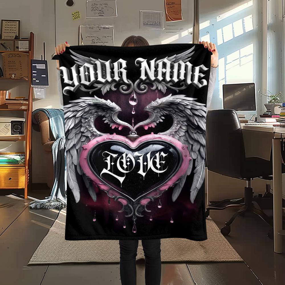 1PC Custom Name Pink Angel Skulls Patterned Flannel Blanket Suitable For All Seasons for Home Decor Warmth and Comfort Gifts Holiday Present_lx