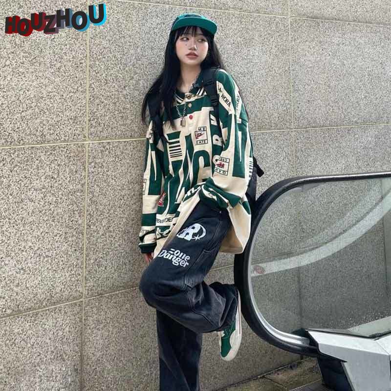 Женская винтажная свободная рубашка-поло свободного размера в стиле хип-хоп с лацканами в стиле Харадзюку для девочек