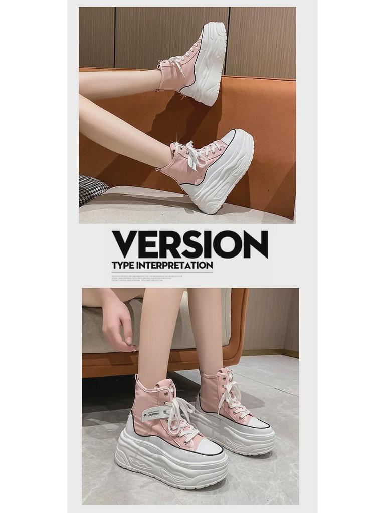 Осень 2024 г. Женские высокие повседневные кроссовки на толстой подошве, визуально увеличивающие рост, с круглыми носами для уличного стиля.