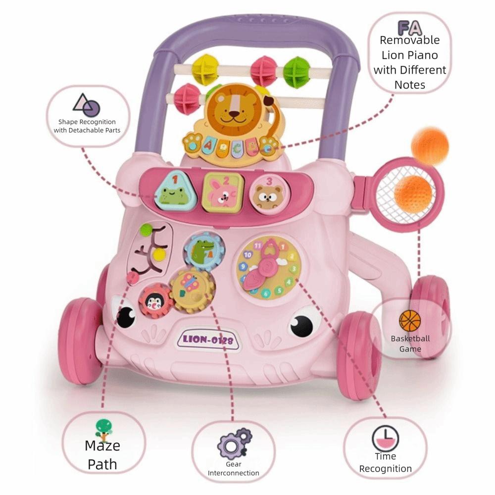 Anti Rollover Musical Baby Push Walker Cartoon Walking Toy Multifunctional Toddler Trolley Gift