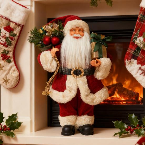12" Christmas Santa Figurines Standing Santa Claus Doll with Present Box for Holiday Party Window Home Desktop Decoration