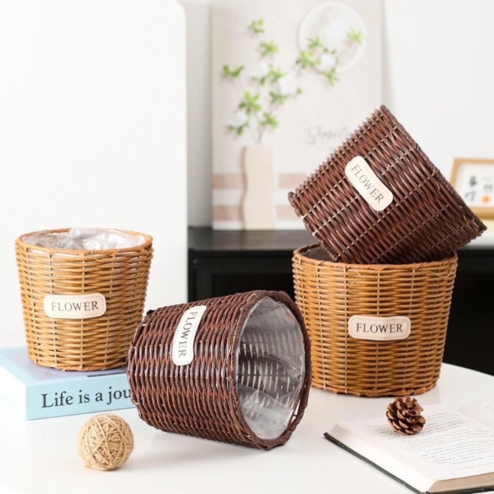 Tabletop Imitation Rattan Basket Plastic Rattan Storage Baskets Woven Plant Pot Indoor Storage