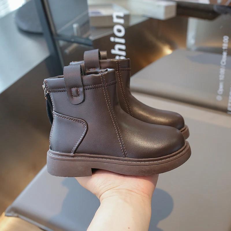 Детские ботинки весна-осень, простые, с круглым носком, для девочек, школьные, ботильоны, модные, нескользящие, детские, повседневные, кожаные ботинки, размер 26-36