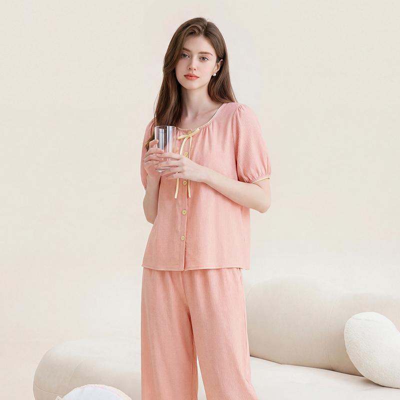 Fenteng [40 Cotton] Cotton Cotton Small Bubble Grid Women's Home Clothes Pajama Women's Set 26 Summer New Edition
