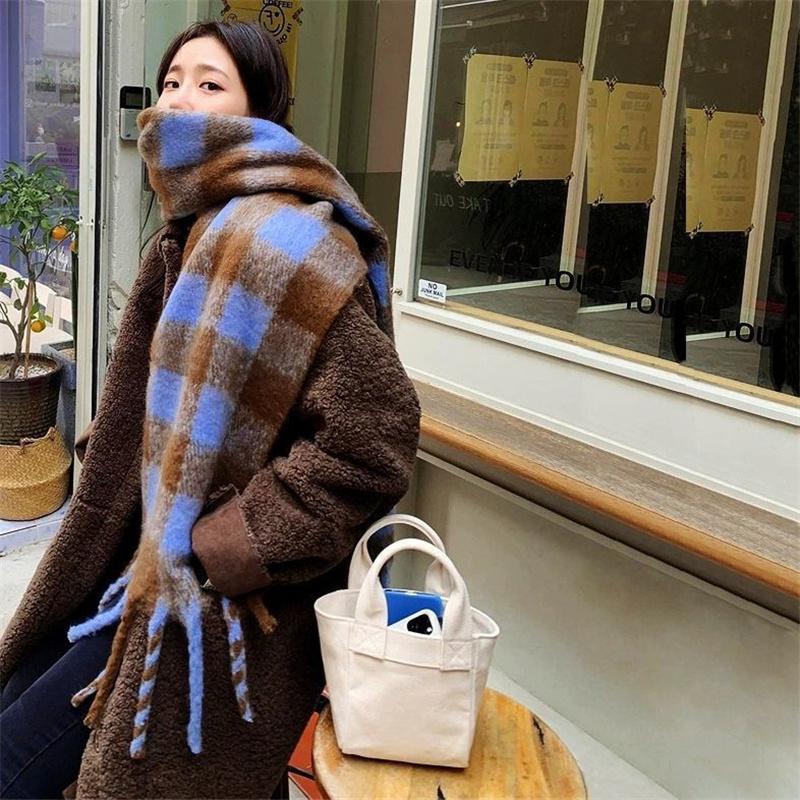 Cashmere Plaid Grid Scarf for Women Autumn Winter Thickened Warm Wrap Windproof Pashmina Scarves