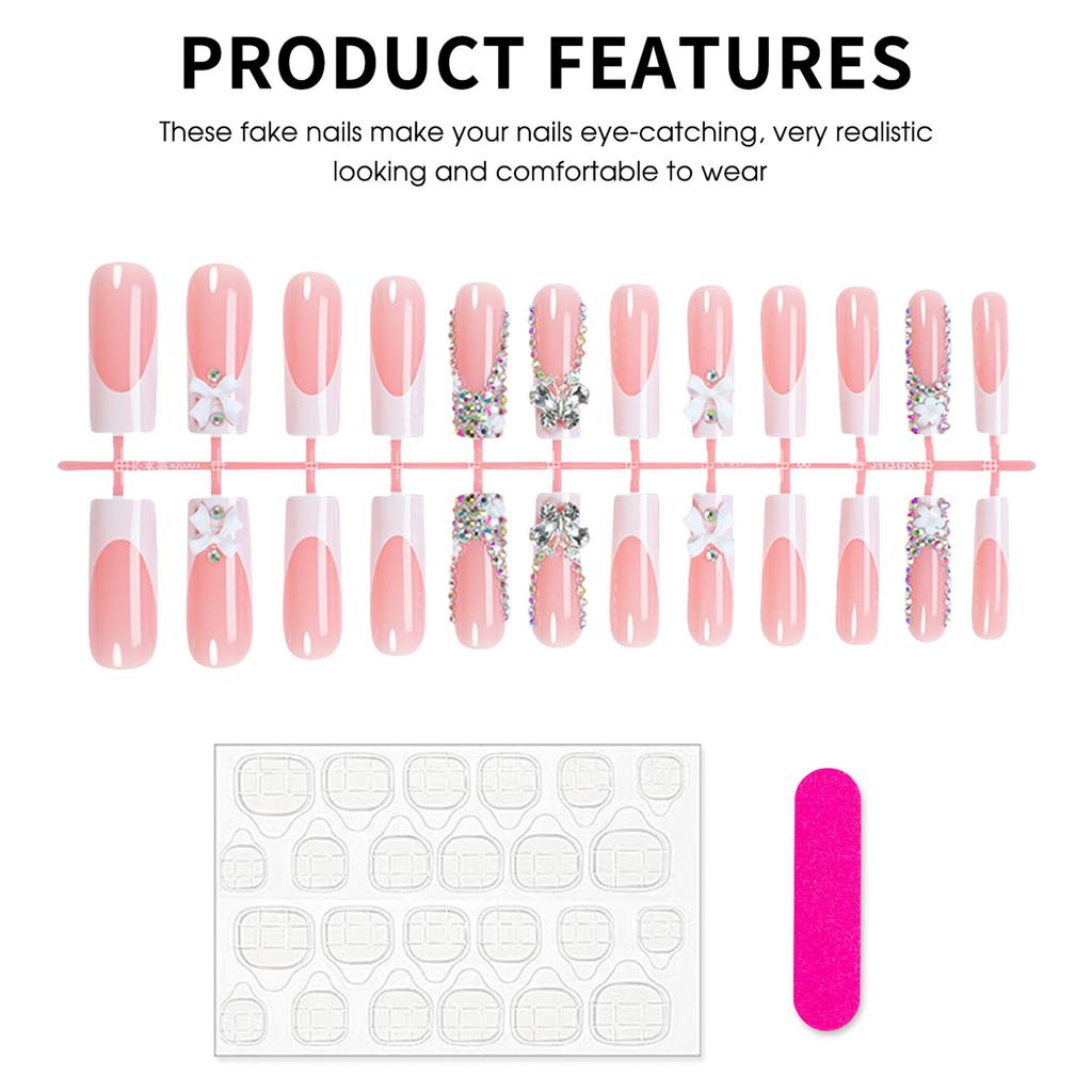 24PCS Nude Pink Long Fake Nails with Bowknot Easy Effortless Application to Nails for Hot Girl Dress Matching