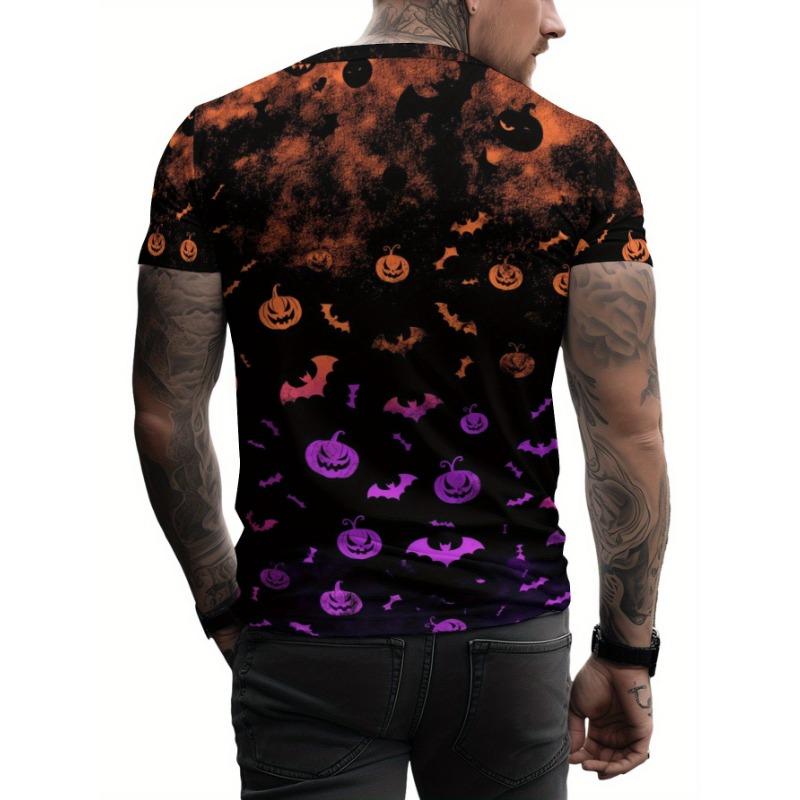 Men's Halloween 3D Pumpkin Bat Printed T-Shirt Casual Short Sleeve Crewneck Top Cool Spooky Jack-O-Lantern Orange Purple Graphic Summer Streetwear Tee