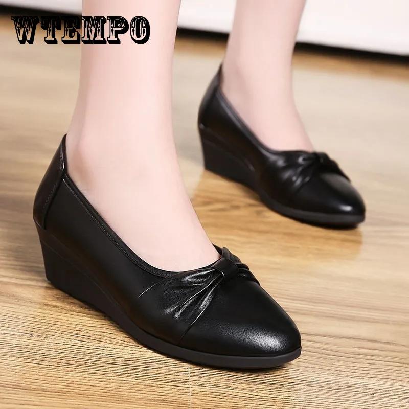 Women Wedges Pumps PU Leather Heels Slip On Shoes Black Office Lady Shoes Spring Summer Pumps Shallow Platform Zapatos