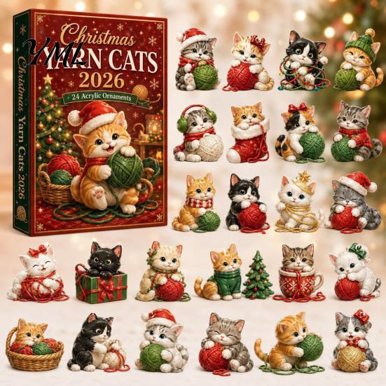 Cute Cat Collection Christmas Advent Calendar, 24 Day Countdown with Ornaments, Calendar for Girls 2D Acrylic Kitty Holiday Decorations, Gift