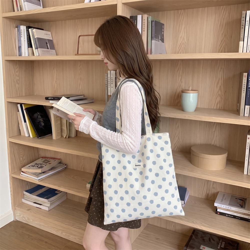 Korean Ins Blue Polka Dot Tote Bag Large Capacity Student Class Shoulder Bag Commuting Shopping Bag