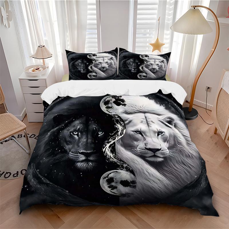 3pcs Anime Lion Yin Yang Moon Comforter Set with One Quilt Cover and Two Pillowcases (No Core) - Home Decor, Festival Gift, Polyester Fabric, Suitable