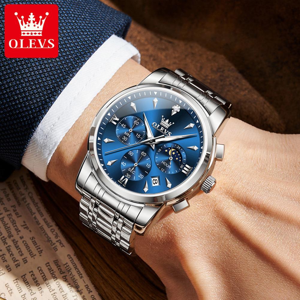 Роскошные кварцевые часы-хронограф для мужчин, модные многофункциональные, с фазой Луны, водонепроницаемые, с люминесцентной подсветкой, с датой, деловые мужские часы