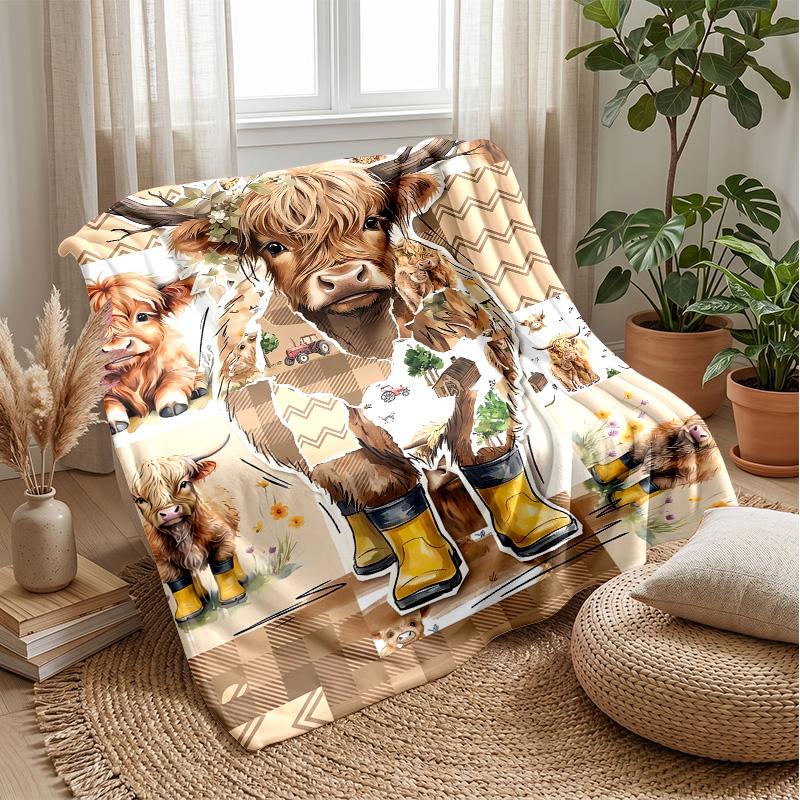 Highland Cow Fabric Patterns Theme blanket Lightweight Warm Flannel Blanket Decorative Throw Blanket for Home Decoration