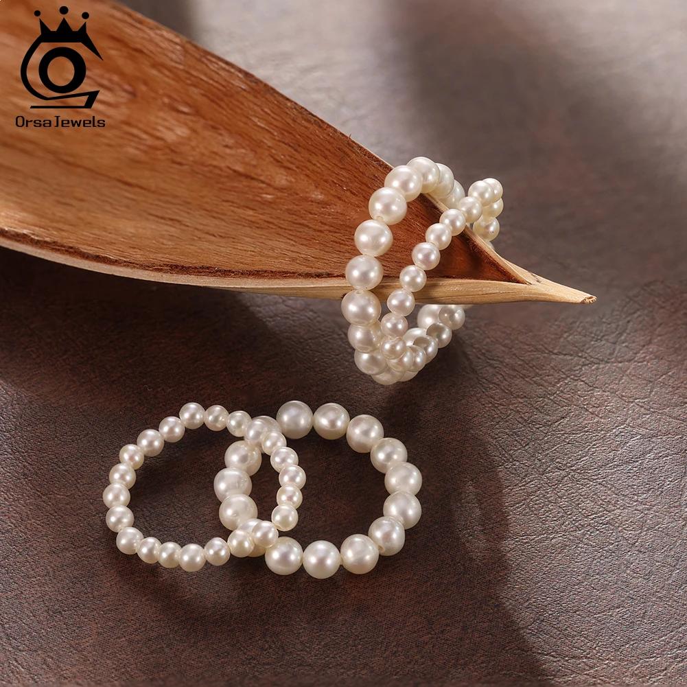 ORSA JEWELS Кольцо с натуральным пресноводным жемчугом Белый круглый жемчуг Кольца на палец для женщин Модное регулируемое эластичное кольцо Ювелирные изделия GPR26