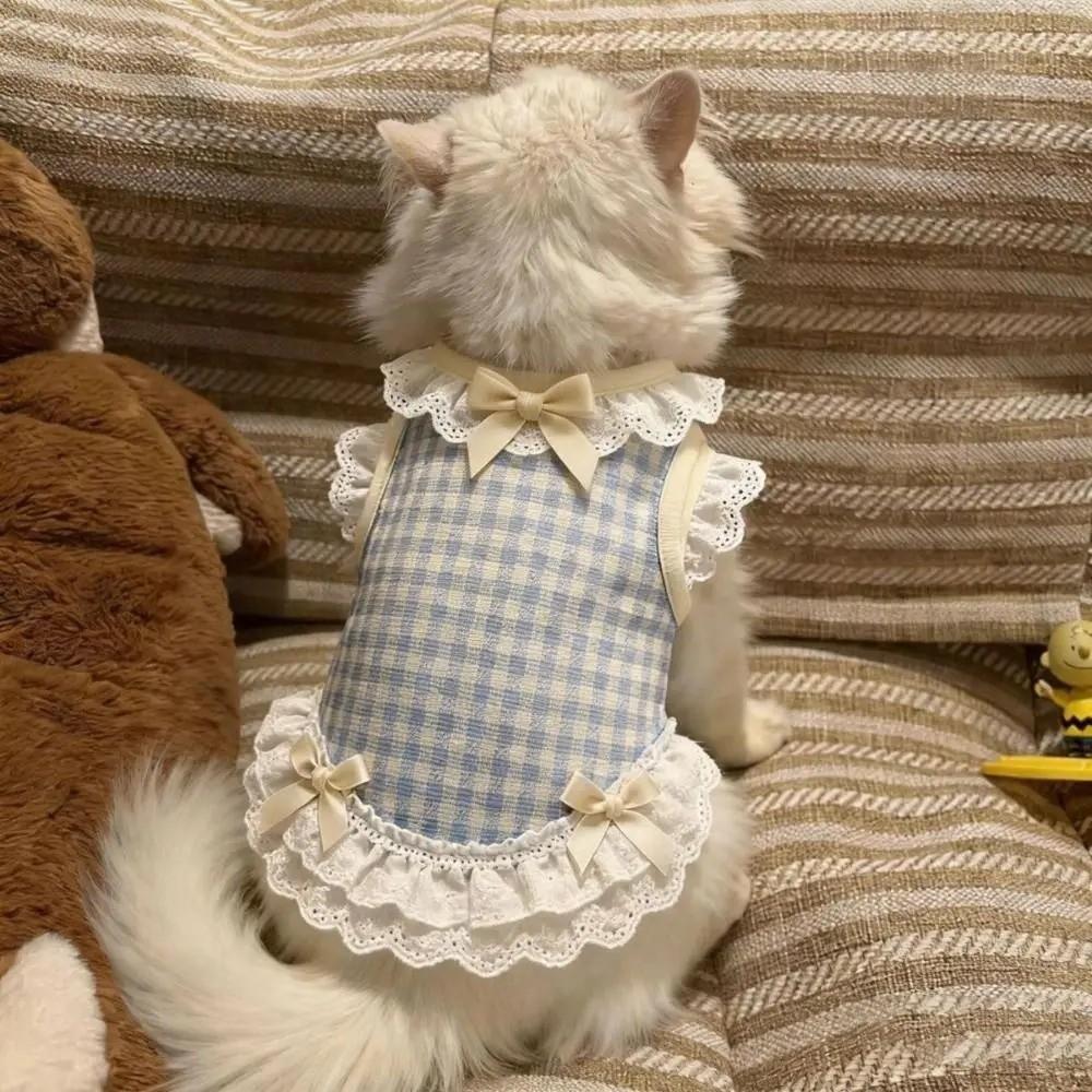 Breathable Pet Lace Skirt Thin Cat Checkered Clothes Casual Style Pet Dog Vest Summer Season
