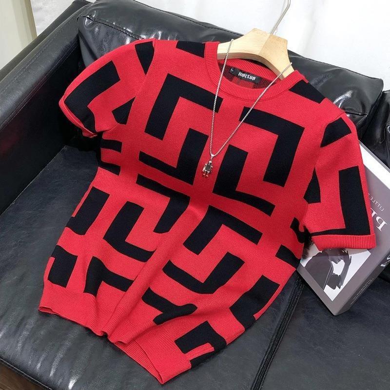 Spring and Autumn Geometric Pattern Base Shirt for Men, Slim Fit Casual Short Sleeve Knit Top