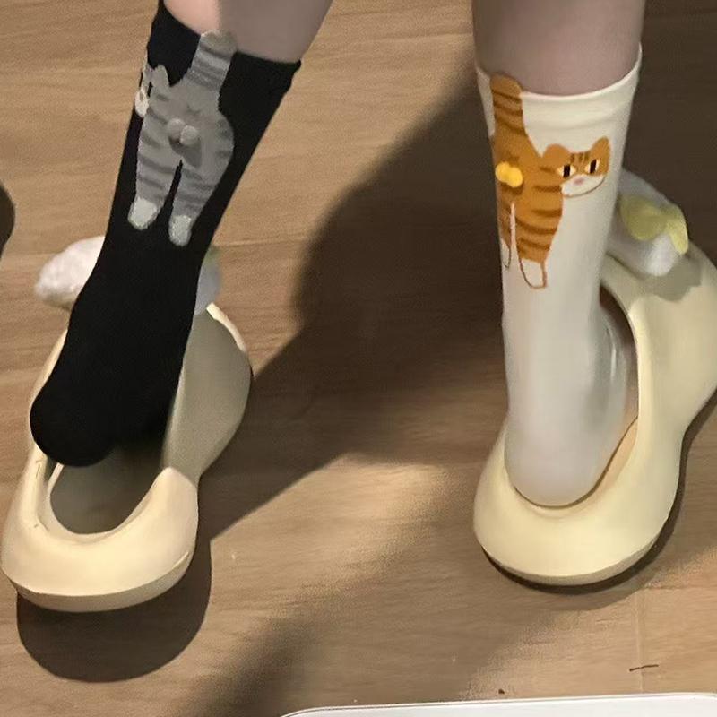 Женские носки с мультяшными кошками, с бубенчиком, с помпоном, летние, из хлопка, милые, японские, забавные, спортивные, средней длины, 36-42