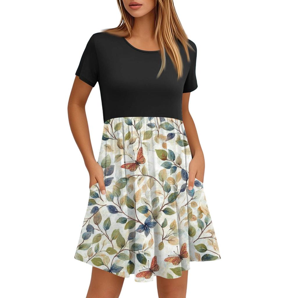Women's Fashion Casual Loose Round Neck Short Sleeve Printed Pocket Dresses