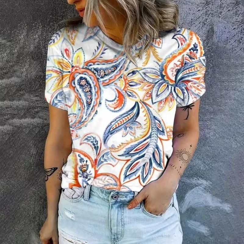 Elegant Women's T-shirt Fashion Retro Flower 3D Pattern Print T-shirt Women's Short Sleeved T-shirt Summer Leisure T-shirt