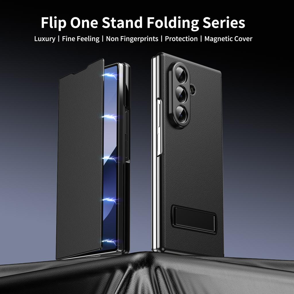 Однотонный чехол-книжка из ПУ кожи с металлическим держателем для Samsung Galaxy Z Fold 4 5 6 7 8 Ultra - Защитный чехол с подставкой