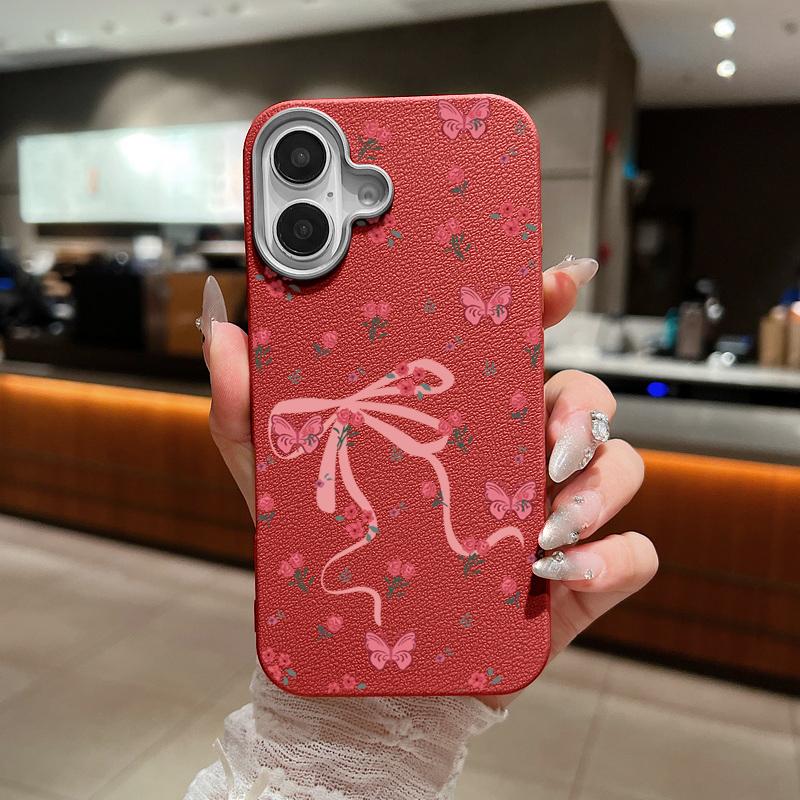For iPhone 16 15 Pro Max 14 Pro 13 12 11 Case Bowknot Floral Print Slim TPU Leather Texture Soft Matte Shockproof Phone Cover