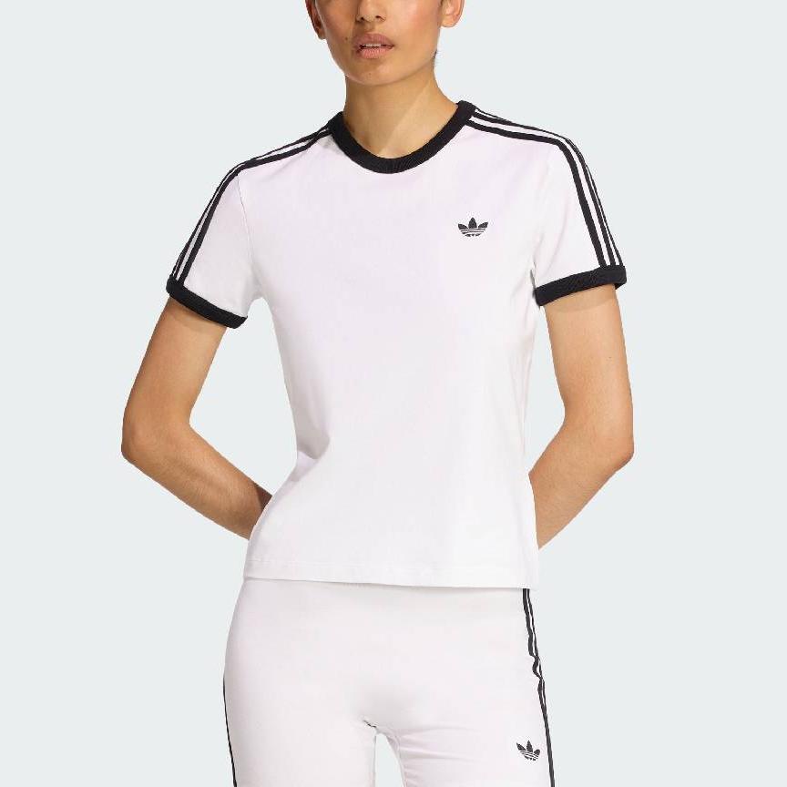 adidas Оригинальная женская футболка с 3 полосками, повседневная, с круглым вырезом, облегающего кроя, с коротким рукавом, топ KD3683