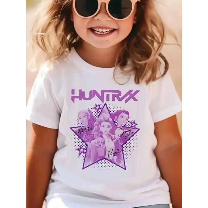 Футболка Huntrix Kpop Охотники на Демонов для Мальчиков Девочек Хлопок Подарок Фанатам Летняя С Круглым Вырезом С Коротким Рукавом Модная Детская Футболка