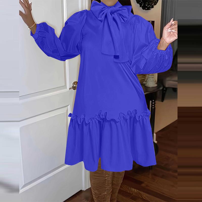 VONDA Женские платья больших размеров с воротником-стойкой и завязками, однотонные, с длинным рукавом