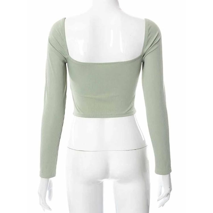 Укороченные топы с v-образным вырезом и длинными рукавами, весна-осень, повседневные модные женские футболки с квадратным воротником, тонкие футболки в рубчик, футболка с открытой спиной