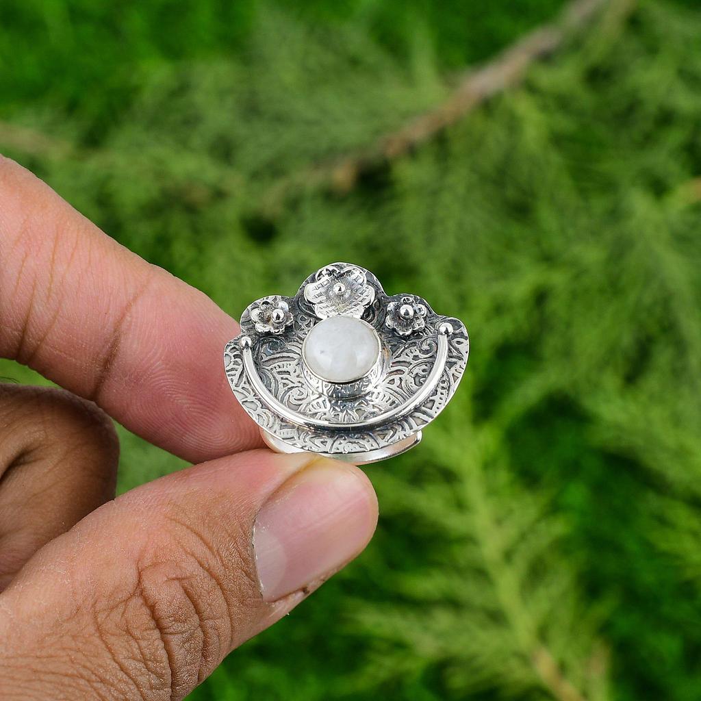 Natural Rainbow Moonstone Solitaire Flower Adjustable Ring 925 Silver