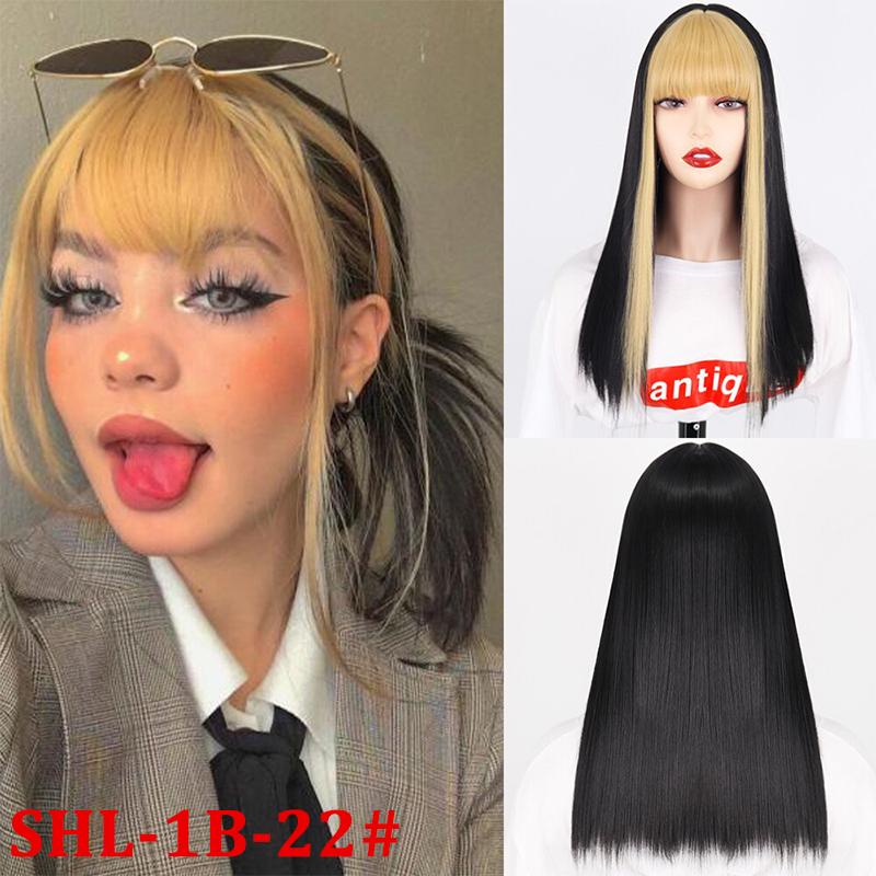 MERISIHAIR Women Straight Mixed Color Hair Wig with Bangs Black Hair with Blond Red Purple Pink Bangs Synthetic Fiber Cosplay Party Wig