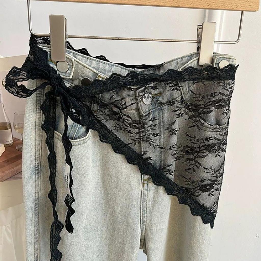 Sweet Triangle One-Piece Belted Overlap Lace Skirt Apron  Lace Trim Half Skirt Butt Curtain Spring Headscarf Accessories