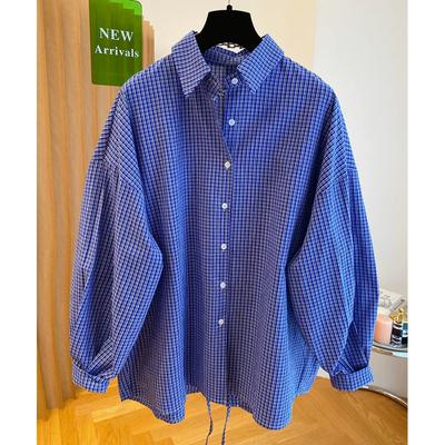 Синяя клетчатая рубашка с длинным рукавом свободного кроя, модная корейская блузка с разрезами и завязками, женские топы оверсайз на весну, повседневные винтажные блузки