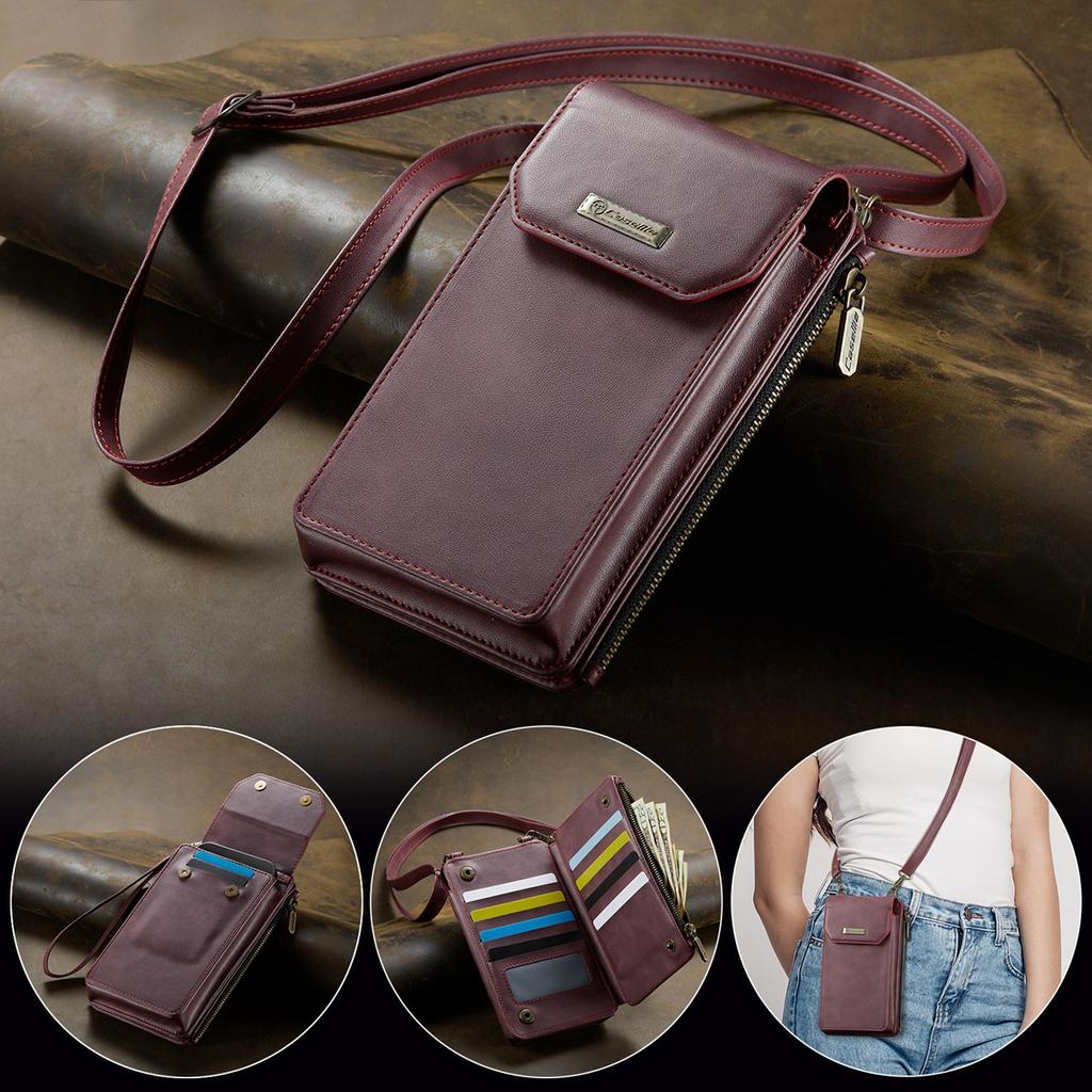 Multi-function Cellphone PU Leather 9 Card Slots Wallet Case with 2 Ropes for iPhone Samsung Xiaomi Anti-theft Brush Universal Size Zipper Bag