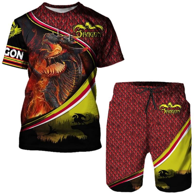 Мужская футболка/костюм с 3D принтом Flying Dragon Totem Art, летний крутой топ с короткими рукавами + шорты, комплект, готический спортивный костюм в стиле хип-хоп