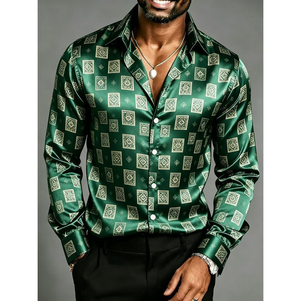 Trendy and Fashionable Men's Luxurious Satin Long Sleeved Shirt with Printed Pattern Design, Suitable for Street Business, Leisu