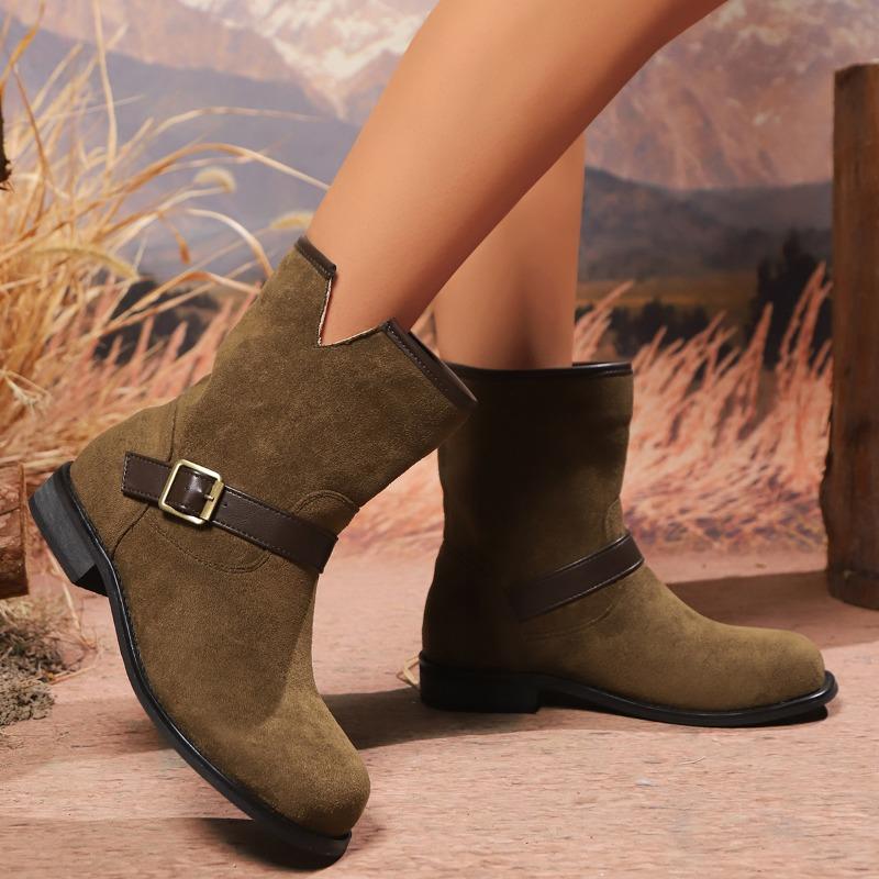 2024 Новый стиль сапог для женщин зимняя мода повседневная ходьба теплые пряжки декоративные модные сапоги до середины икры