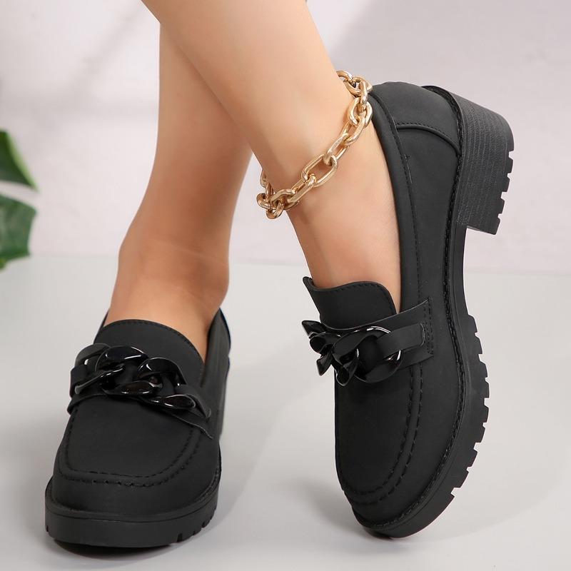 Fashion Metal Buckle Block Heel Single Shoes Autumn New Round Toe Deep Mouth Platform Sole Non-slip Wear-resistant Single Shoes