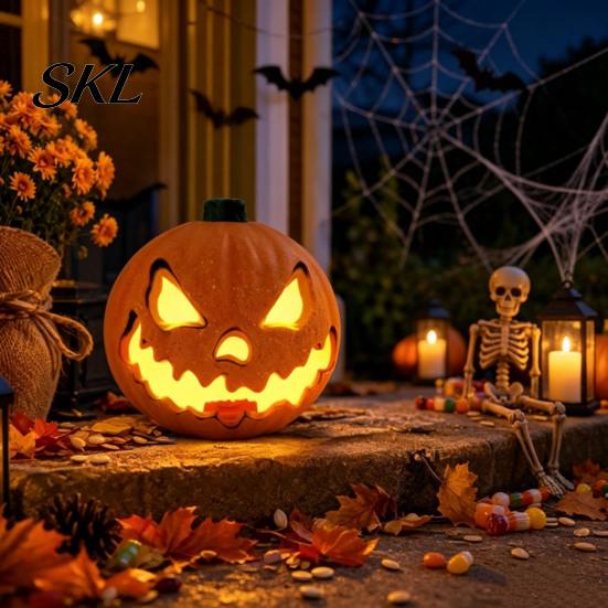Pumpkin with Integrated LED Halloween Evil Lantern, Large Light Up Jack O Lantern Decor Decoration for Party Scene, Spooky Outdoor Indoor Decoration,