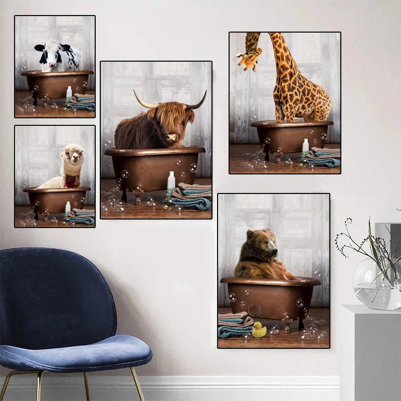 Lovely Alpaca Elephant Cow Giraffe Toilet Canvas Paintings Animal Posters Prints Wall Art Pictures for Living Room Decor Cuadros