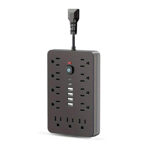 Сетевой фильтр 17-в-1 с 11 розетками, 6 портами USB, защита от перегрузки, ультратонкий