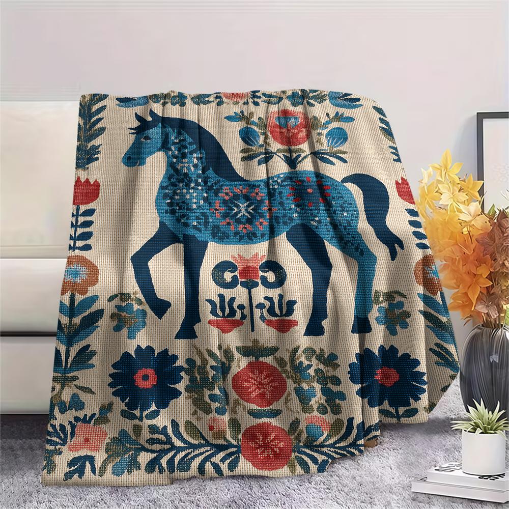 Flower Horse Print Flannel Blanket, High quality Comfortable for All Seasons, Home Decor, Warmth and Comfort, Perfect for Christmas Gifts