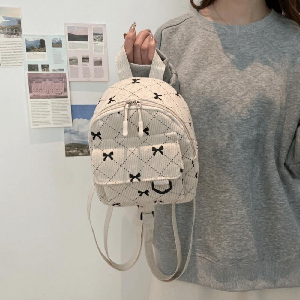 Corduroy Shoulder Bag Bowknot Printed Bow Rucksack Casual Mini Backpack Teen Girls