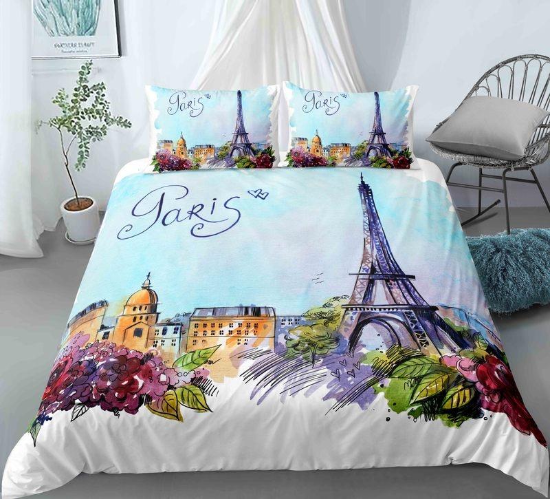 Paris Tower King Queen Duvet Cover Famous Buildings In France Bedding Set For Adults Pink Romantic 2/3pcs Polyester Quilt Cover