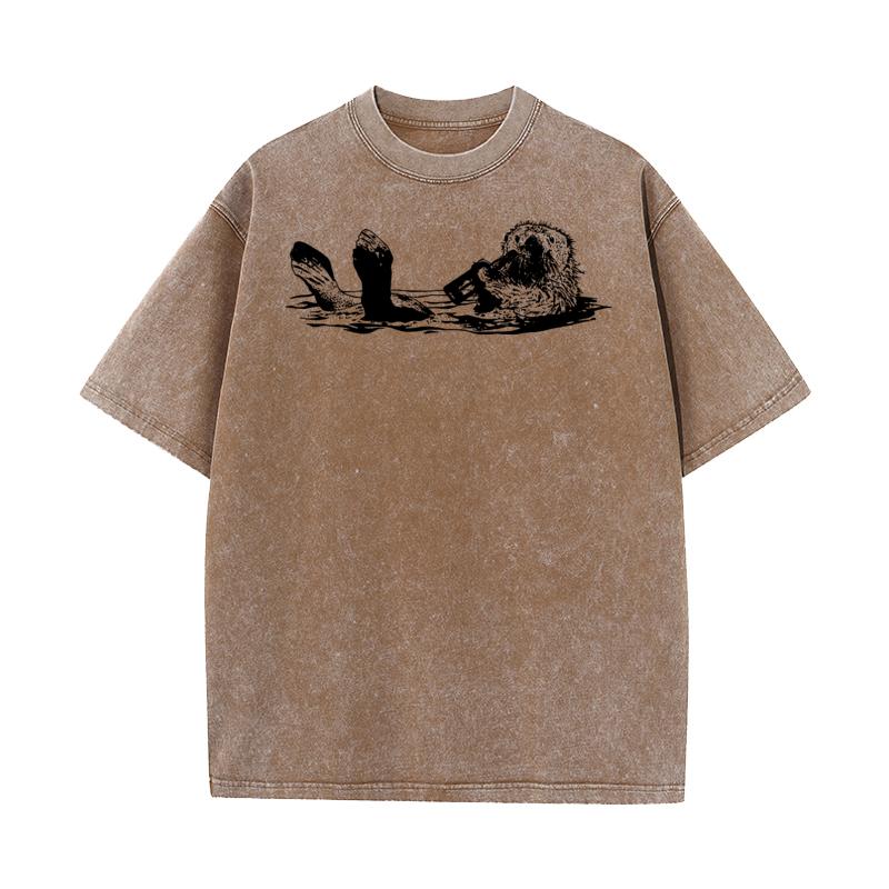 Cute Otter Short Sleeve Tops Tees Round Collar Premium Cotton Men Retro Washed T Shirts Lose Washed TeeShirt Retro